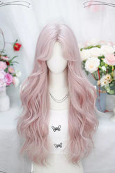 Rosa, in der Mitte gespaltene, süße, lange, lockige Lolita-Perücken